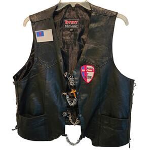 Womens Biker Black Leather Vest /Christian Patches & Hardware Sz XXL Moto Retro